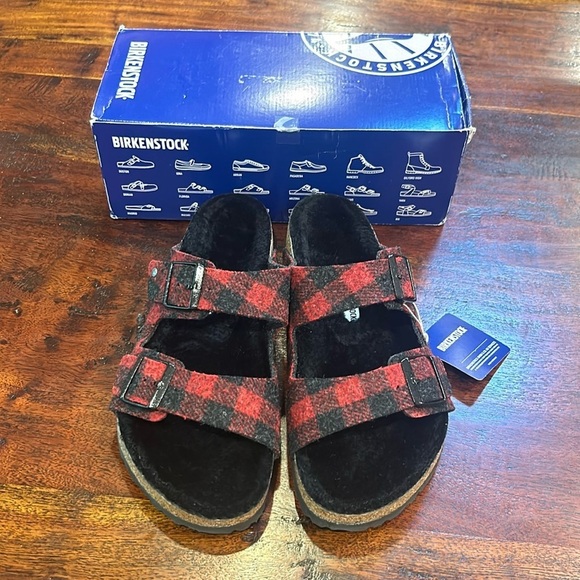 Birkenstock Other - Birkenstock Arizona Rivet Plaid Red Fuzzy Wool Sandals 44 NIB